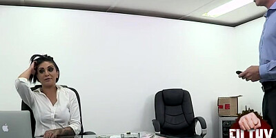 Sizzling Brunette Secretary Gags On Huge Black Dildo